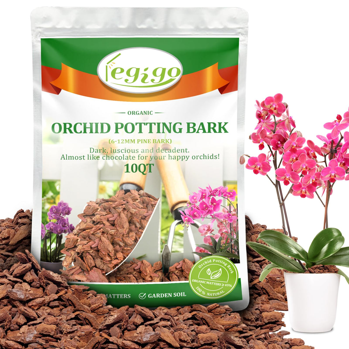 Legigo 10 qt orchid bark bag shows clean pine bark ideal for aeration in potting mixes
