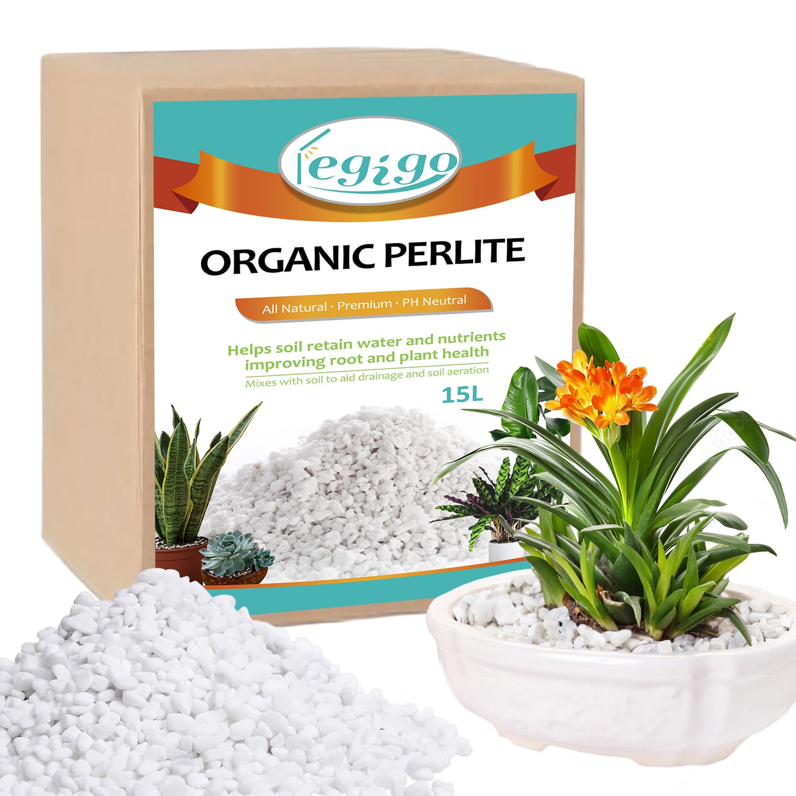 Legigo 15 quarts perlite packaging ready for soil improvement and drainage.