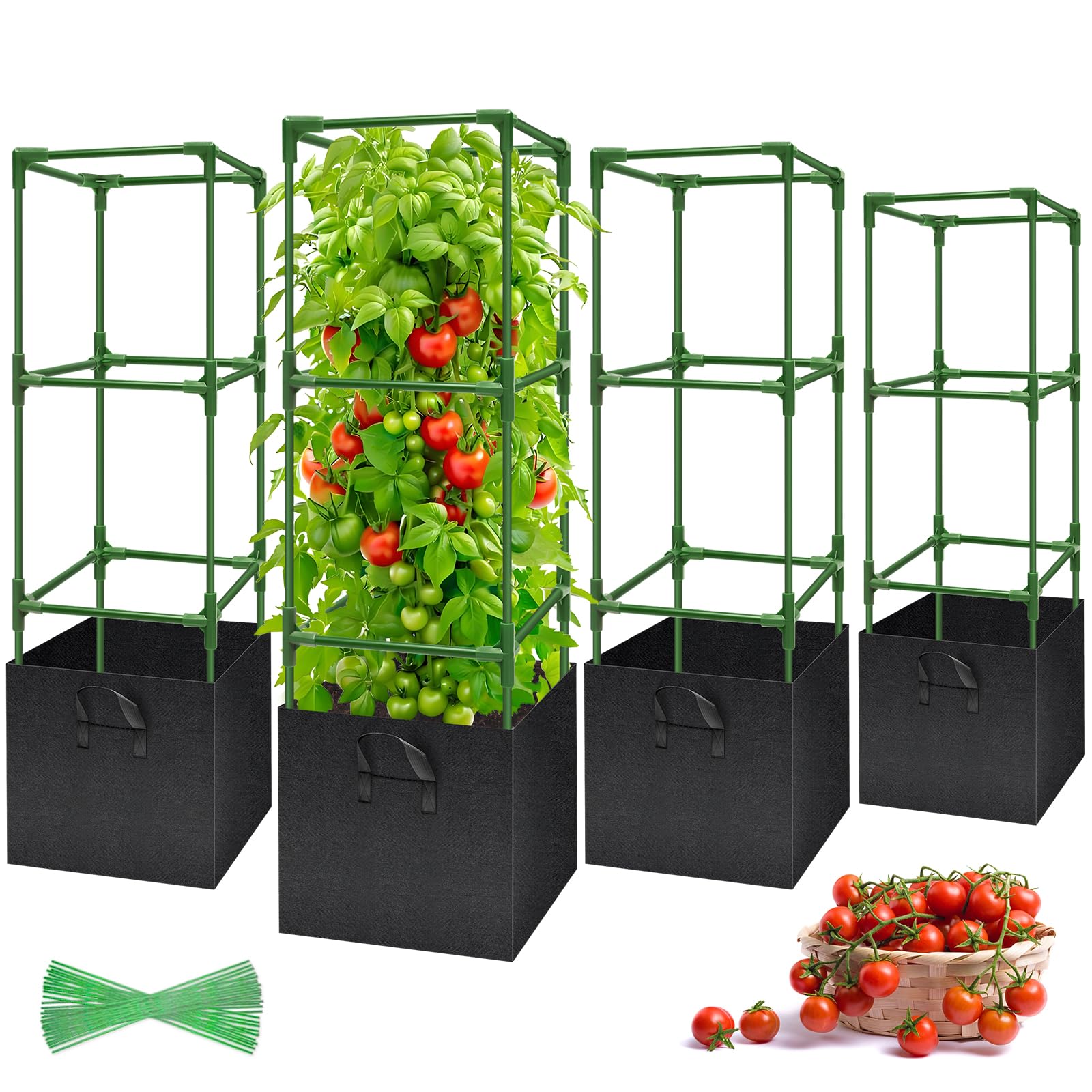Legigo 4-pack tomato cages with 47-inch square support for vertical growth.