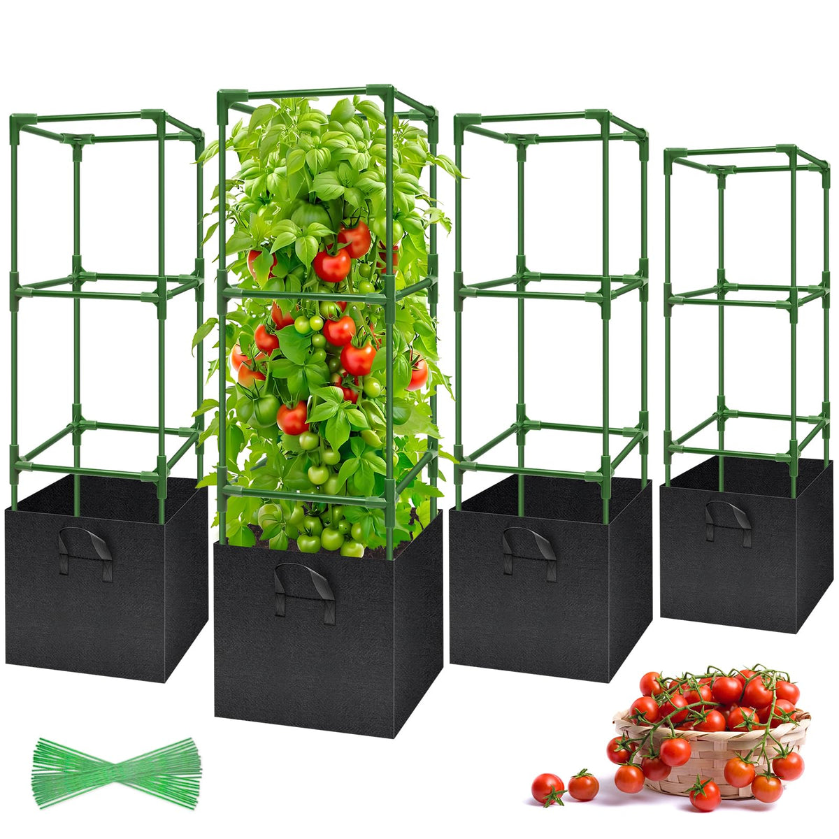Legigo 4-pack tomato cages with 47-inch square support for vertical growth.