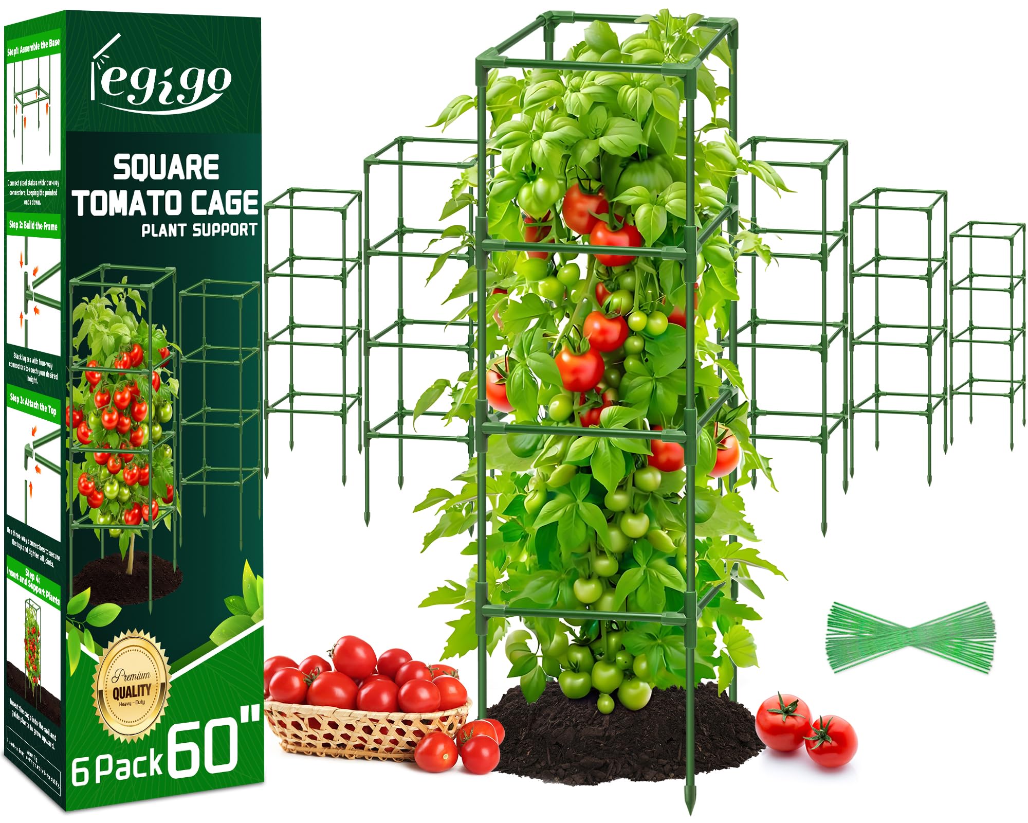 Legigo six-pack square tomato cages provide sturdy support for climbing plants.