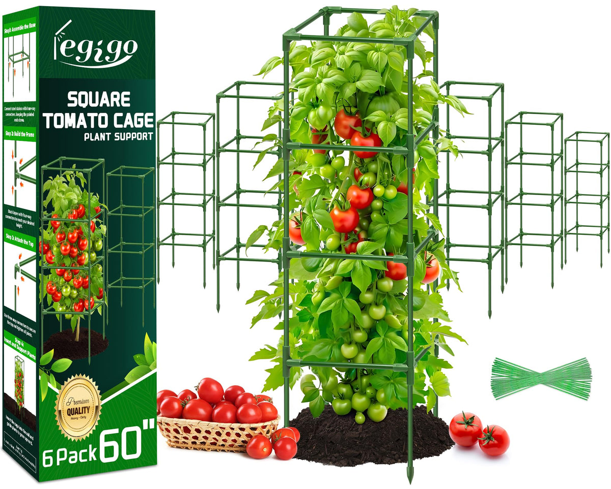 Legigo six-pack square tomato cages provide sturdy support for climbing plants.
