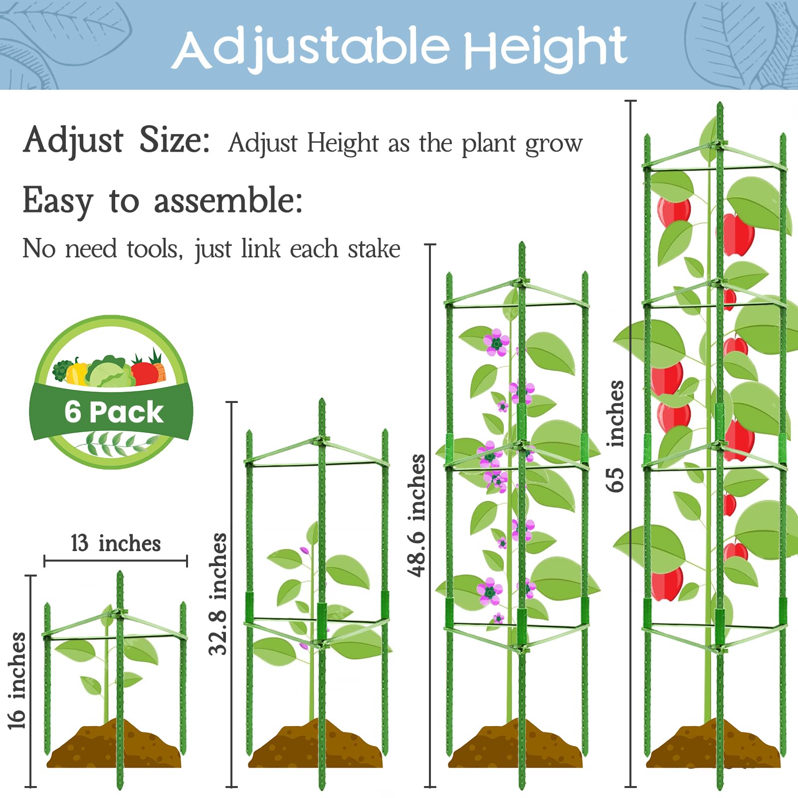 Legigo 63-inch tomato cage tower supports vertical growth for tall plants.