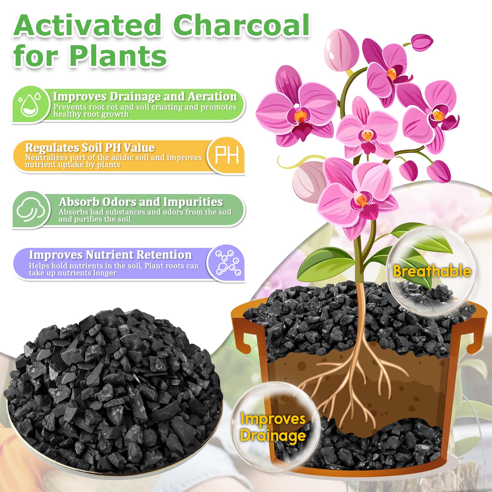 Legigo bonsai orchid succulent charcoal mix supports root health and drainage.