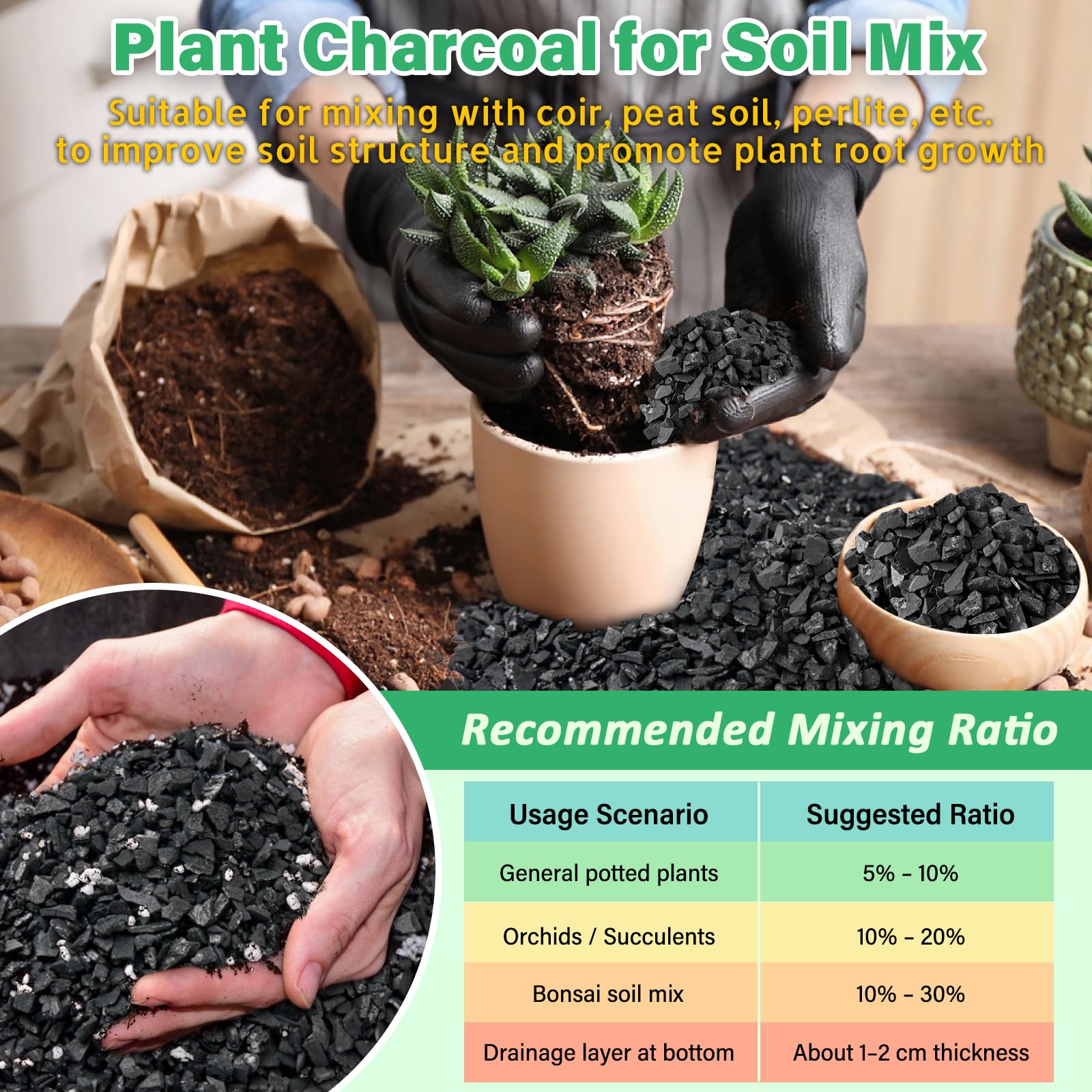 Legigo charcoal aids moisture control and slow nutrient release.
