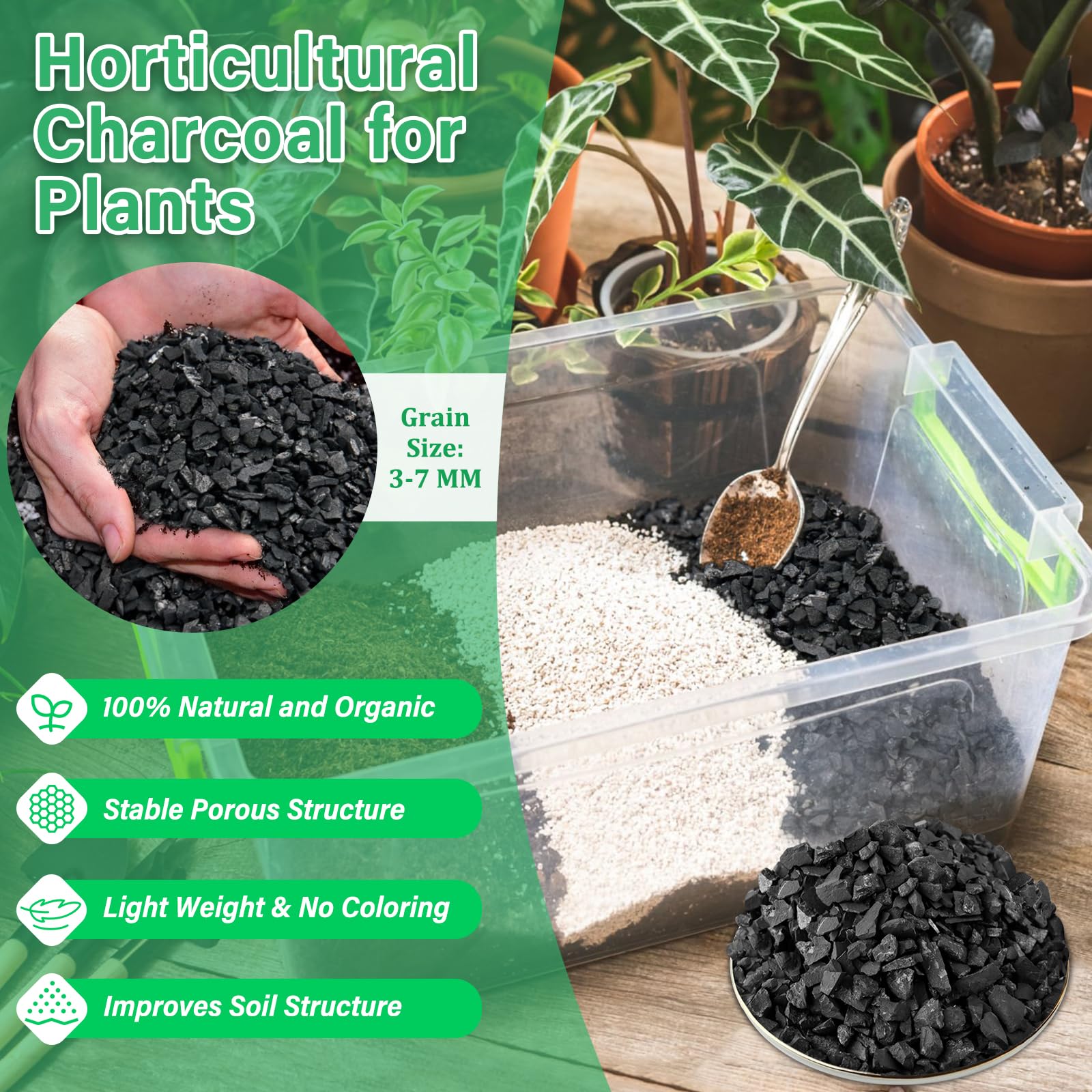 Legigo charcoal particle size 3-7mm ideal for lightweight soil amendment.