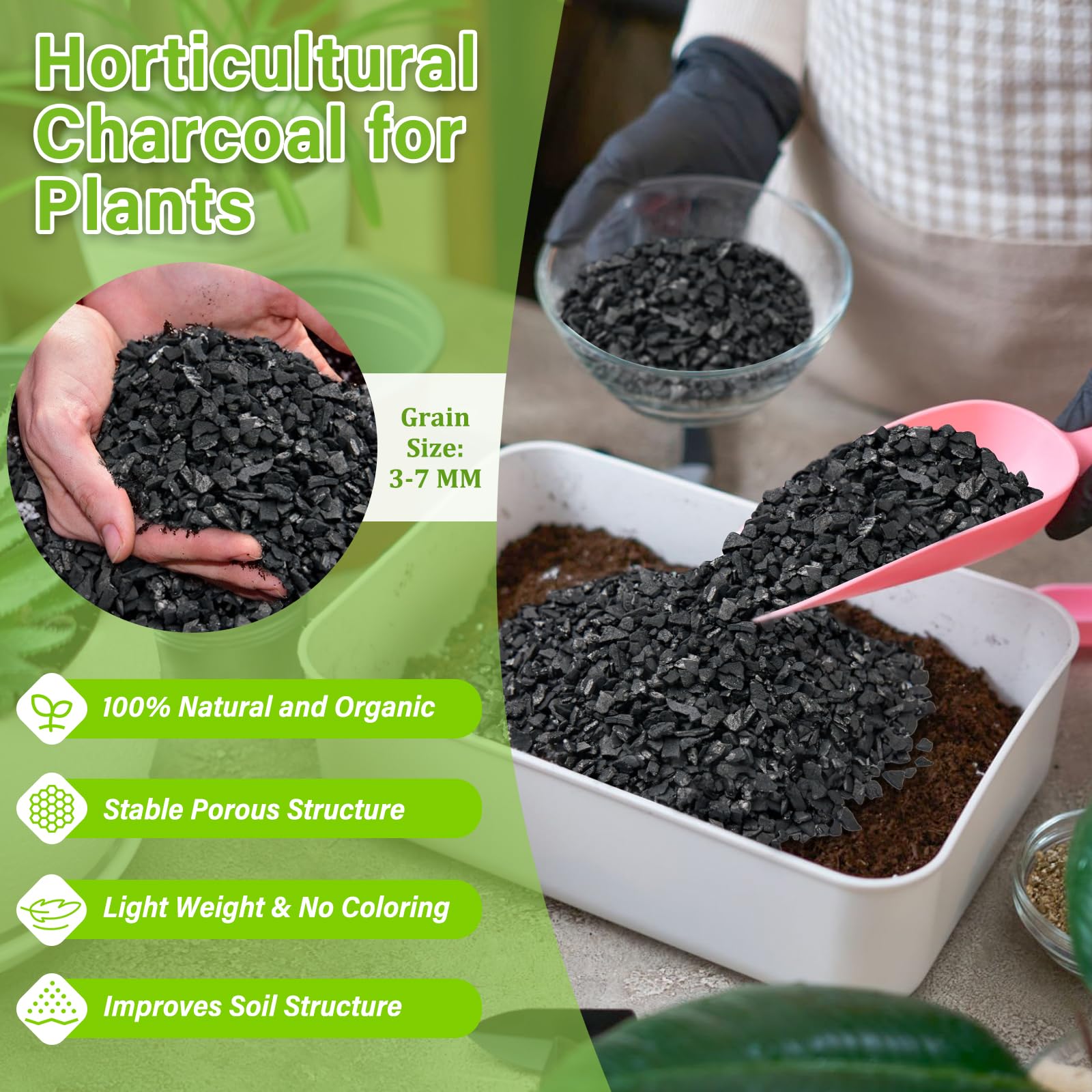 Legigo activated charcoal particles 3-7mm improve soil aeration and prevent compaction