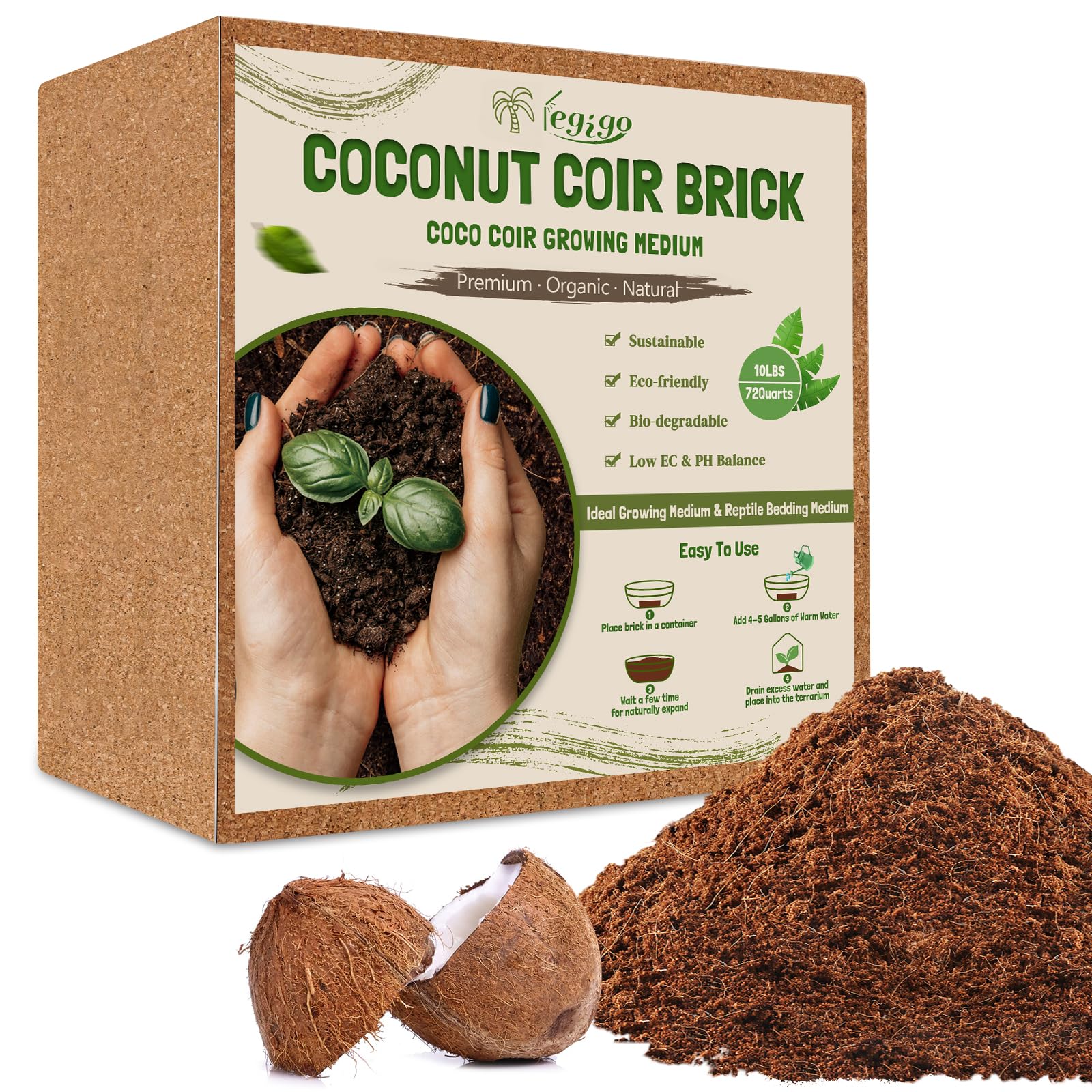 Legigo coco coir brick before watering expands into fluffy soil, ideal for seedlings.