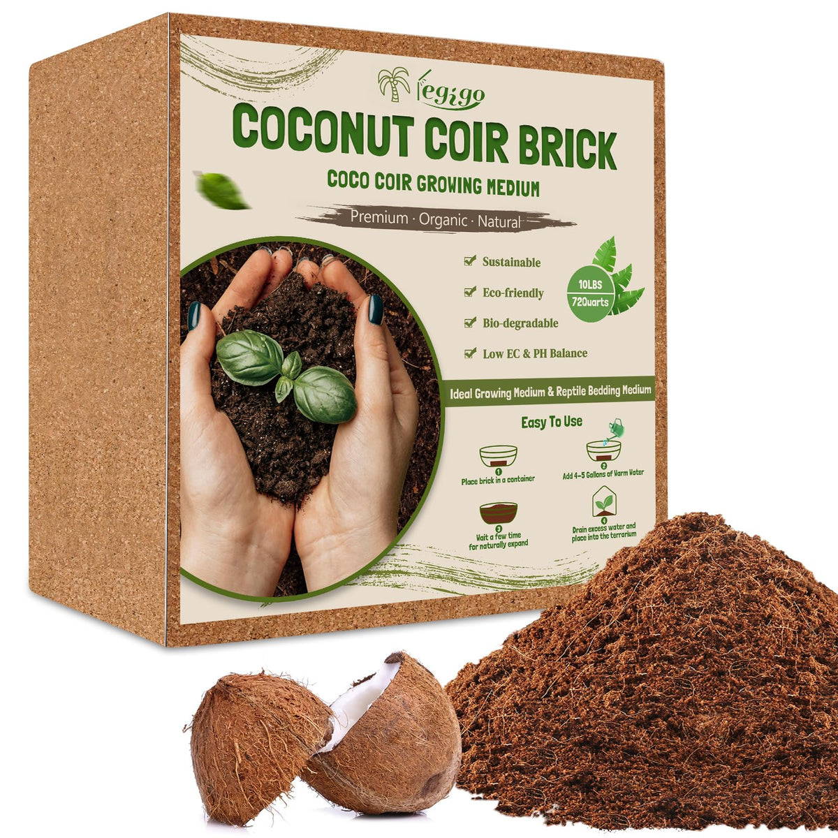 Legigo coco coir brick before watering expands into fluffy soil, ideal for seedlings.