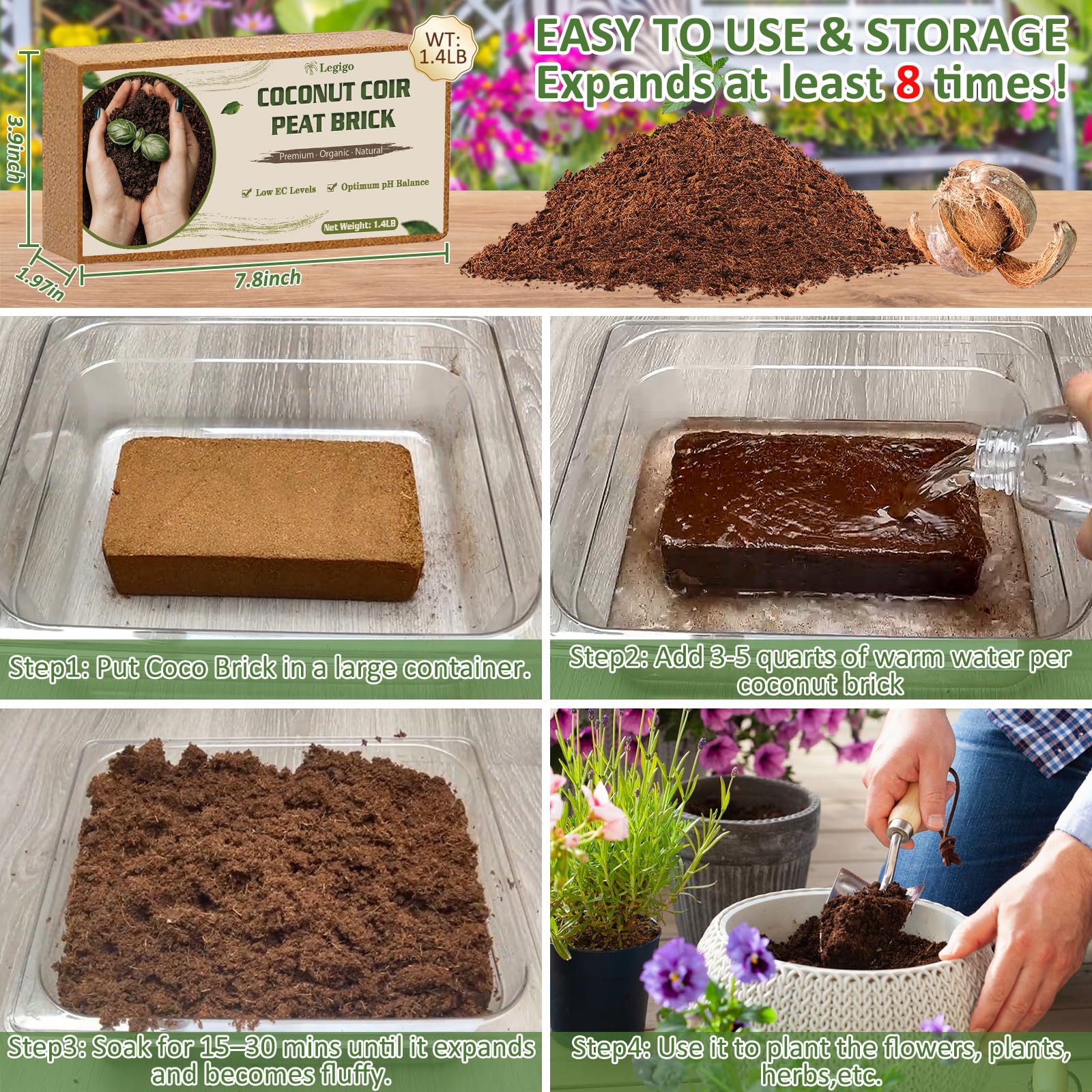 Legigo Coco Coir Brick compact storage for easy transport.