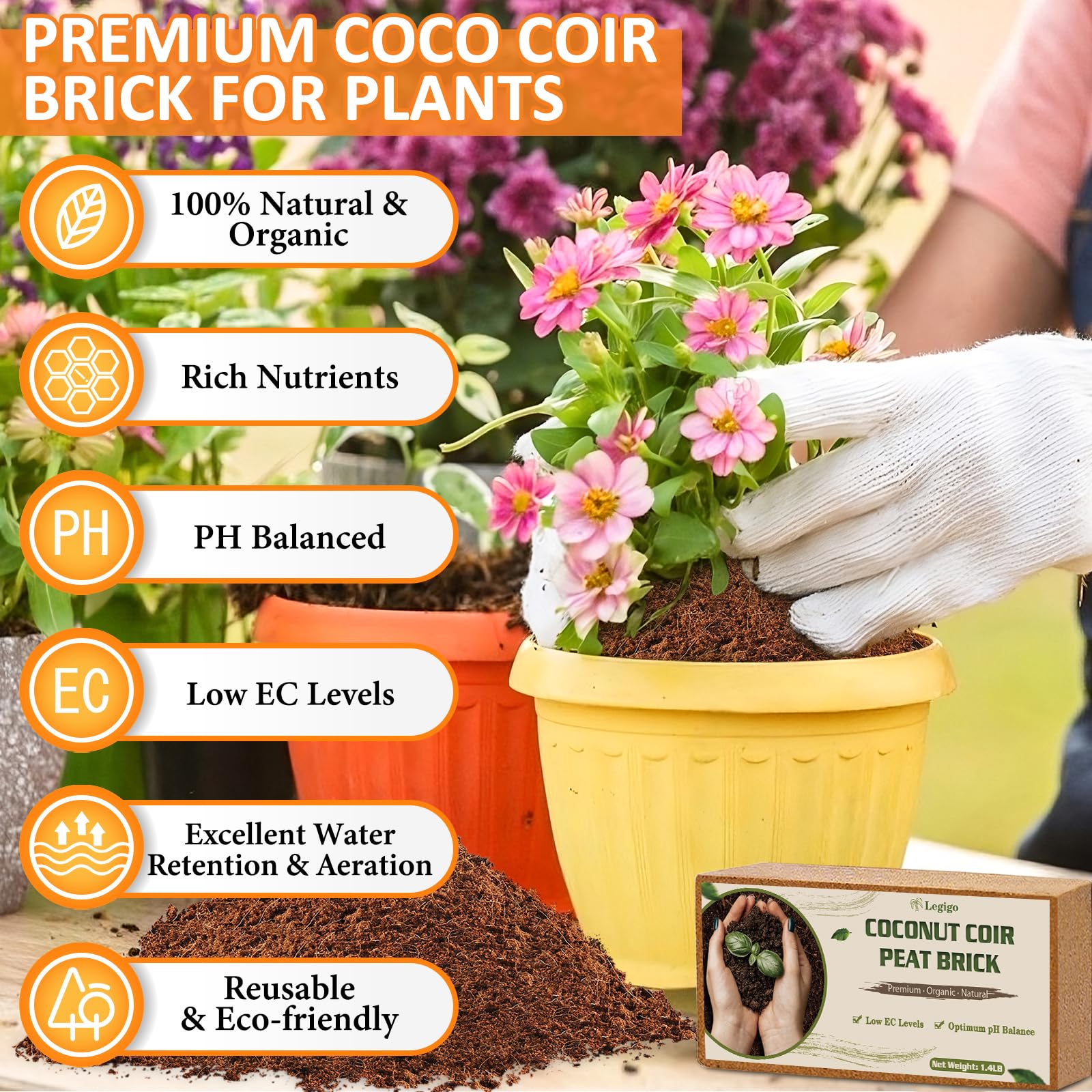 Legigo coco coir brick size 8x4x2 inches ready to expand with water