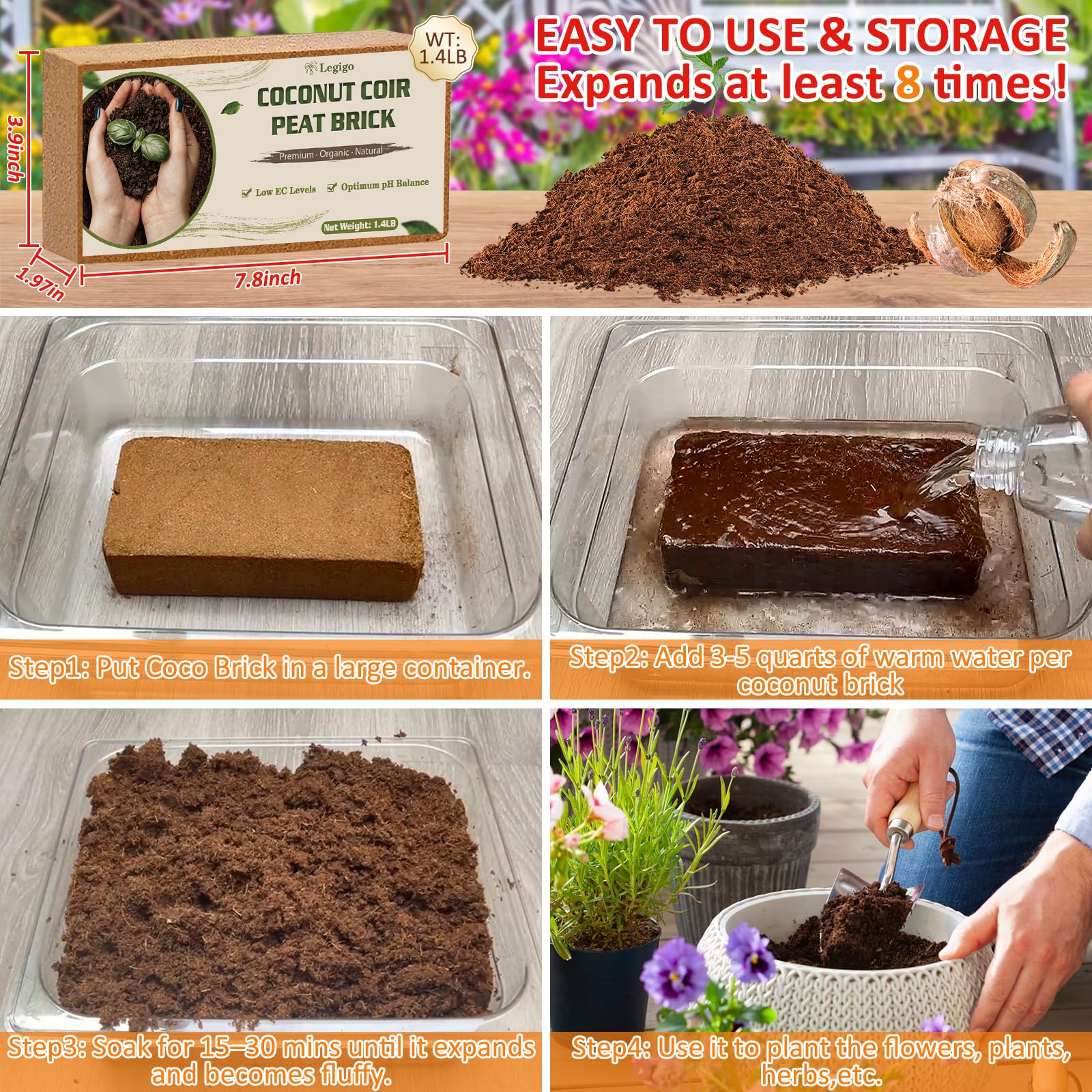 Legigo Coco Coir Bricks promote airflow around roots with breathable texture.