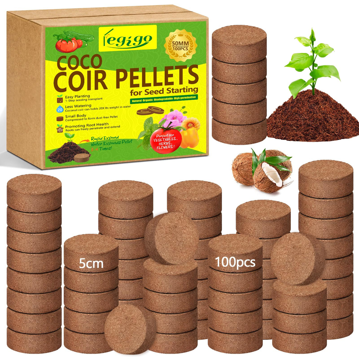 Legigo coco coir pellet block 2in, compact seed starter medium for easy germination.