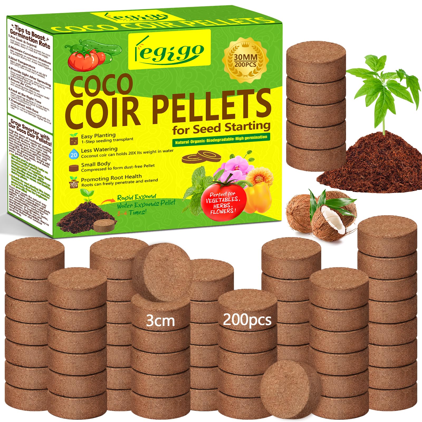 Legigo coco coir pellets ready to swell for seed starting and easy planting.