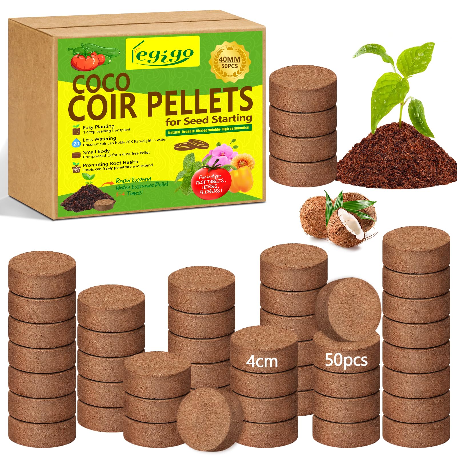 Legigo coco coir pellets, 50-pack, soaked and ready for planting.