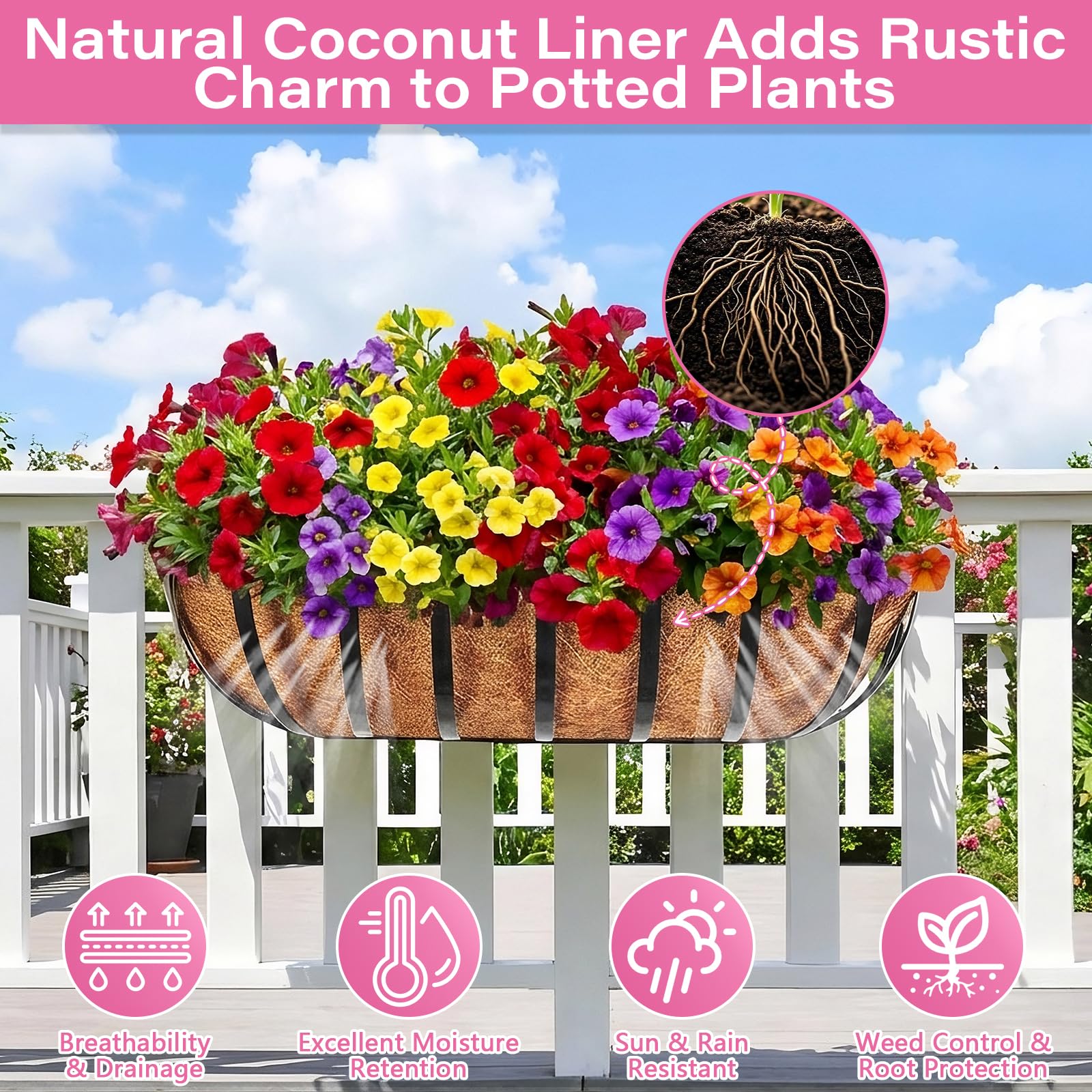 Legigo coco liner in a basket with plants demonstrates soil containment and lush growth.