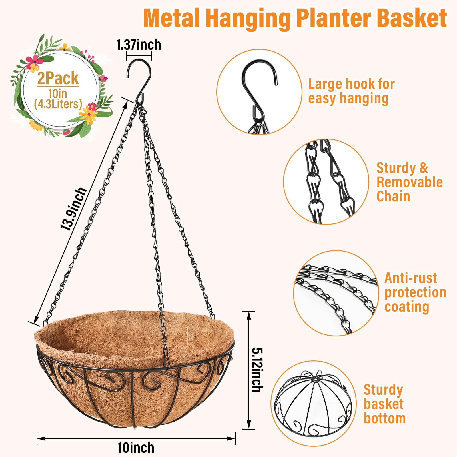 Legigo coconut coir liner hanging basket showing breathable moisture balance.