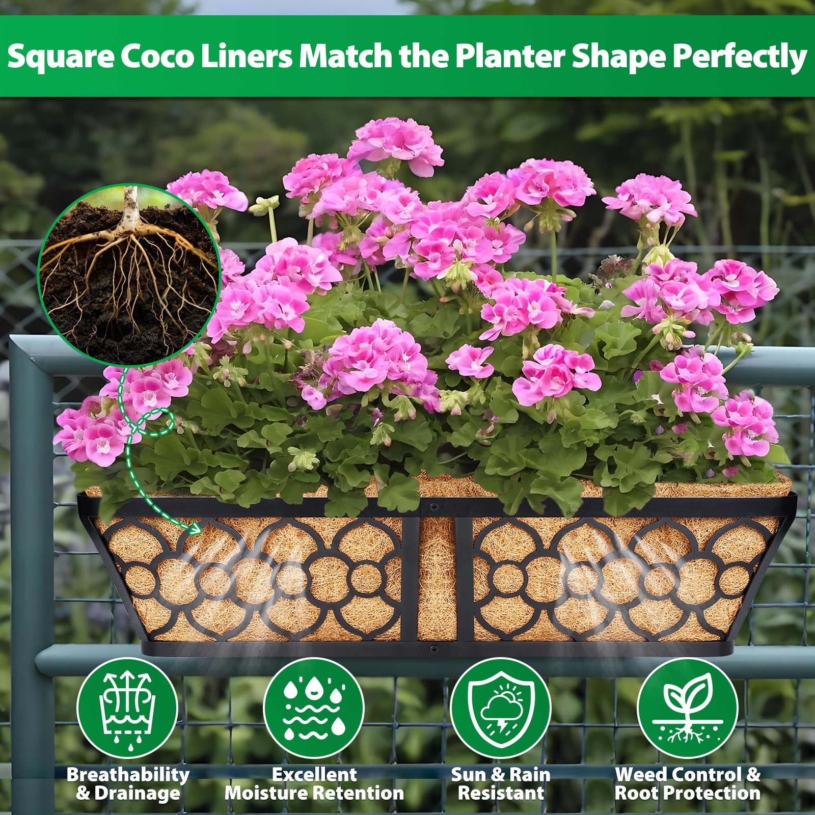Legigo deck planter liner in coconut fiber promotes airflow and drainage.
