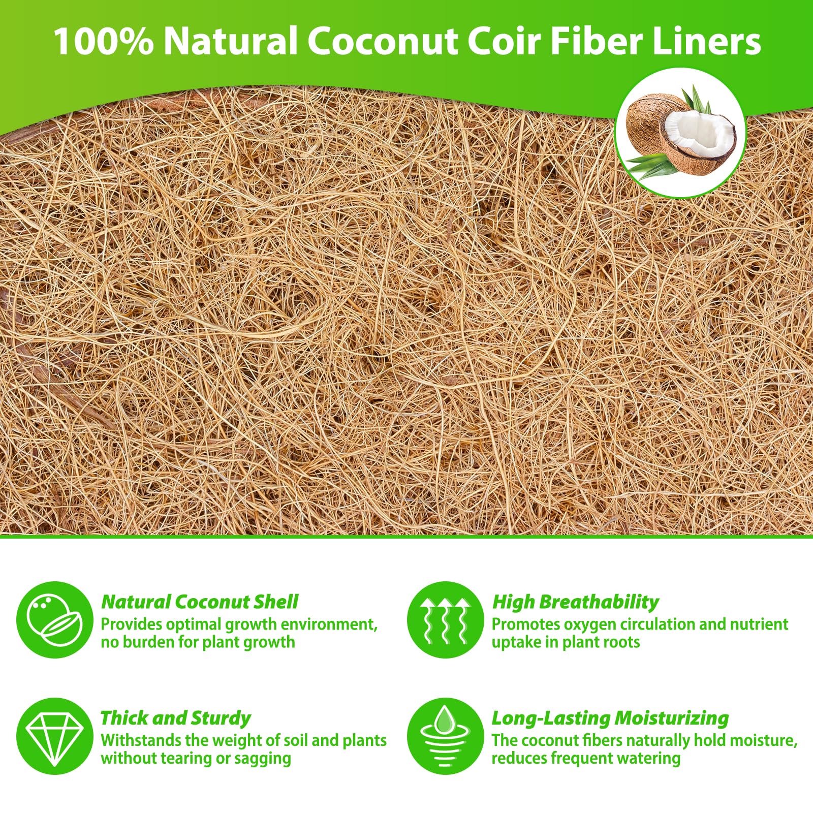 Legigo natural coconut fiber liner 4pack enhances moisture retention for thriving plants.