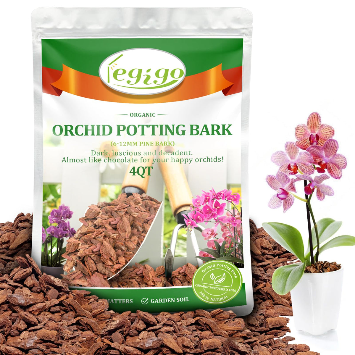 Legigo orchid bark 4 qt bag showing natural pine bark for aeration and drainage