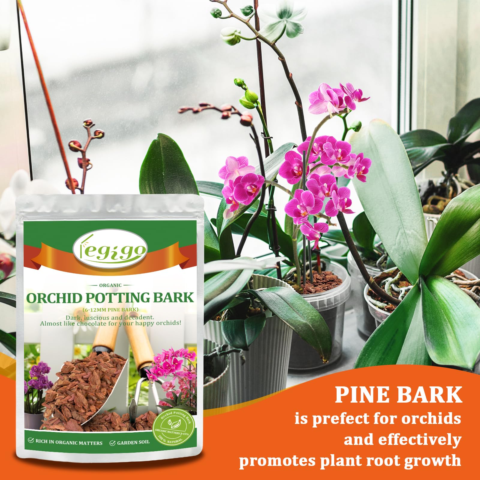 Legigo orchid bark doubles as mulch for indoor garden aesthetics and moisture control