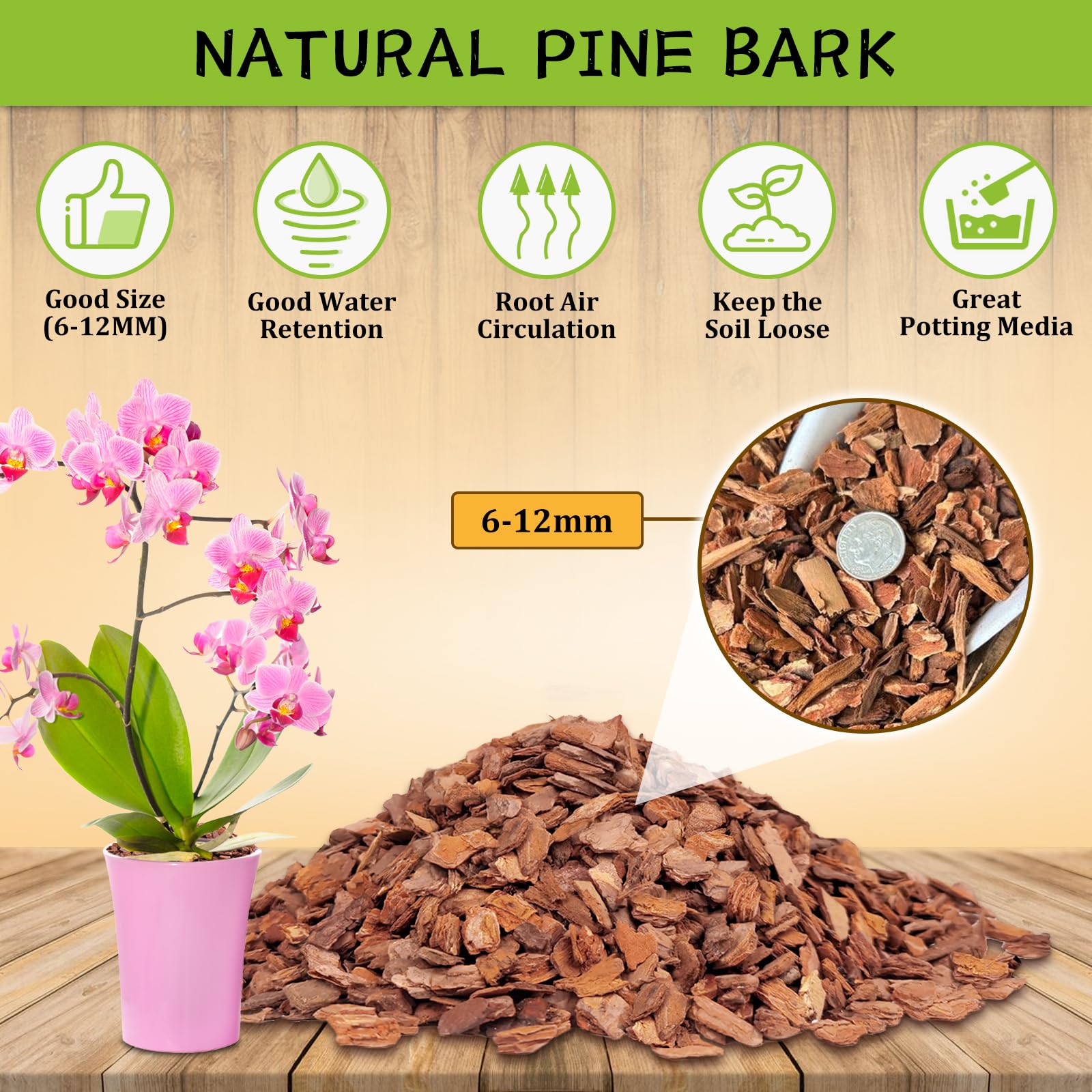 Close-up of Legigo orchid bark pine chips enhancing drainage and moisture retention.