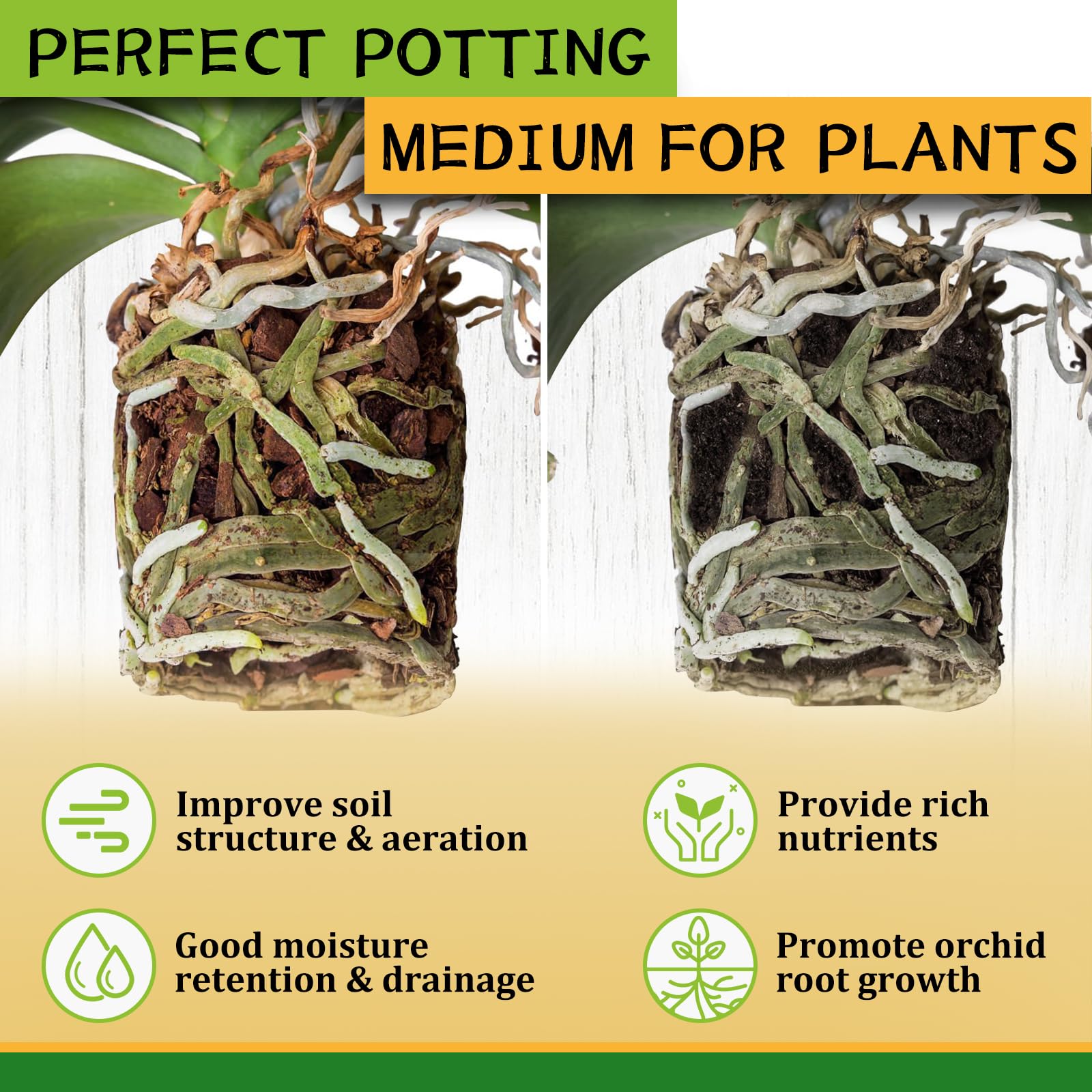 Legigo bark promotes even orchid root development in pots.