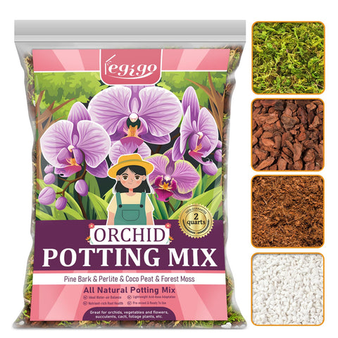 Legigo orchid potting mix bag front shows 4-in-1 formula for thriving orchid roots