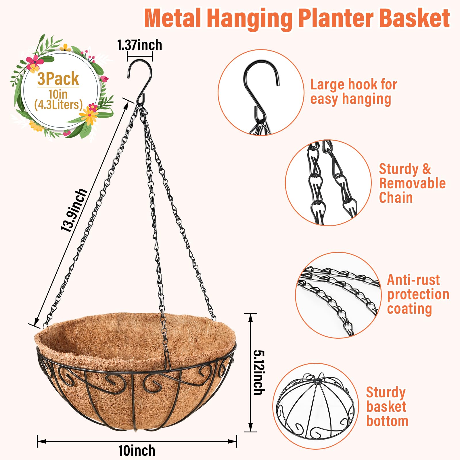 Legigo outdoor hanging planter shows sturdy black metal frame and pre-attached chain.