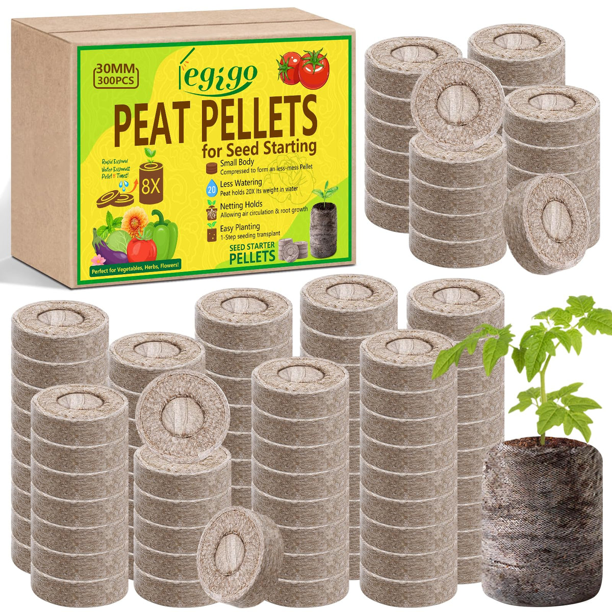 Legigo 30mm peat pellets in dry form for neat storage and quick hydration.