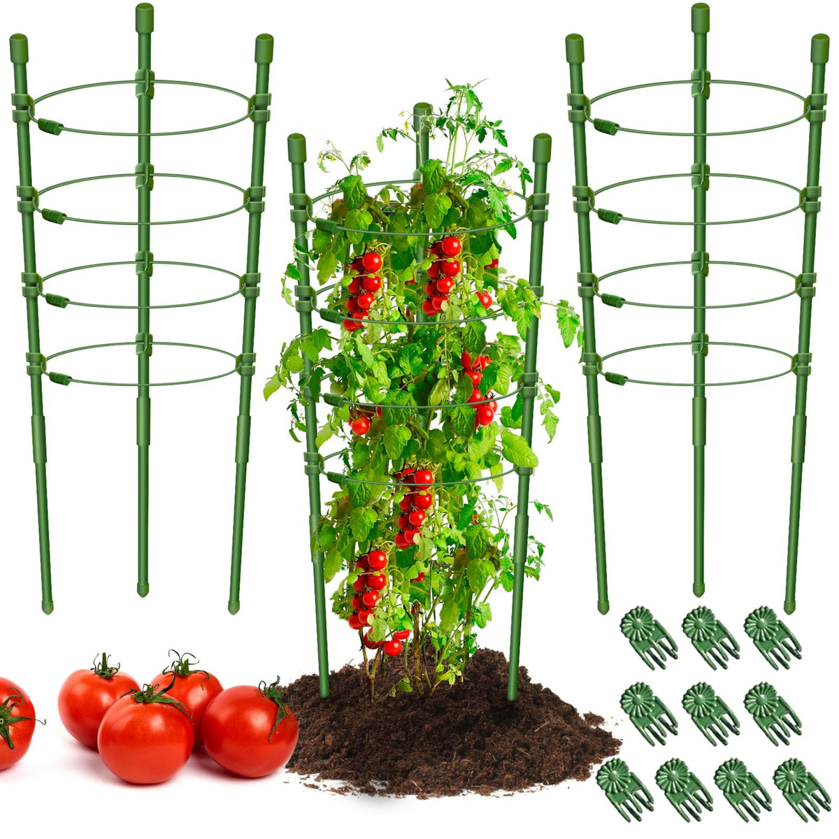 Legigo 3-pack plant cages in green steel with adjustable rings supporting tomato growth