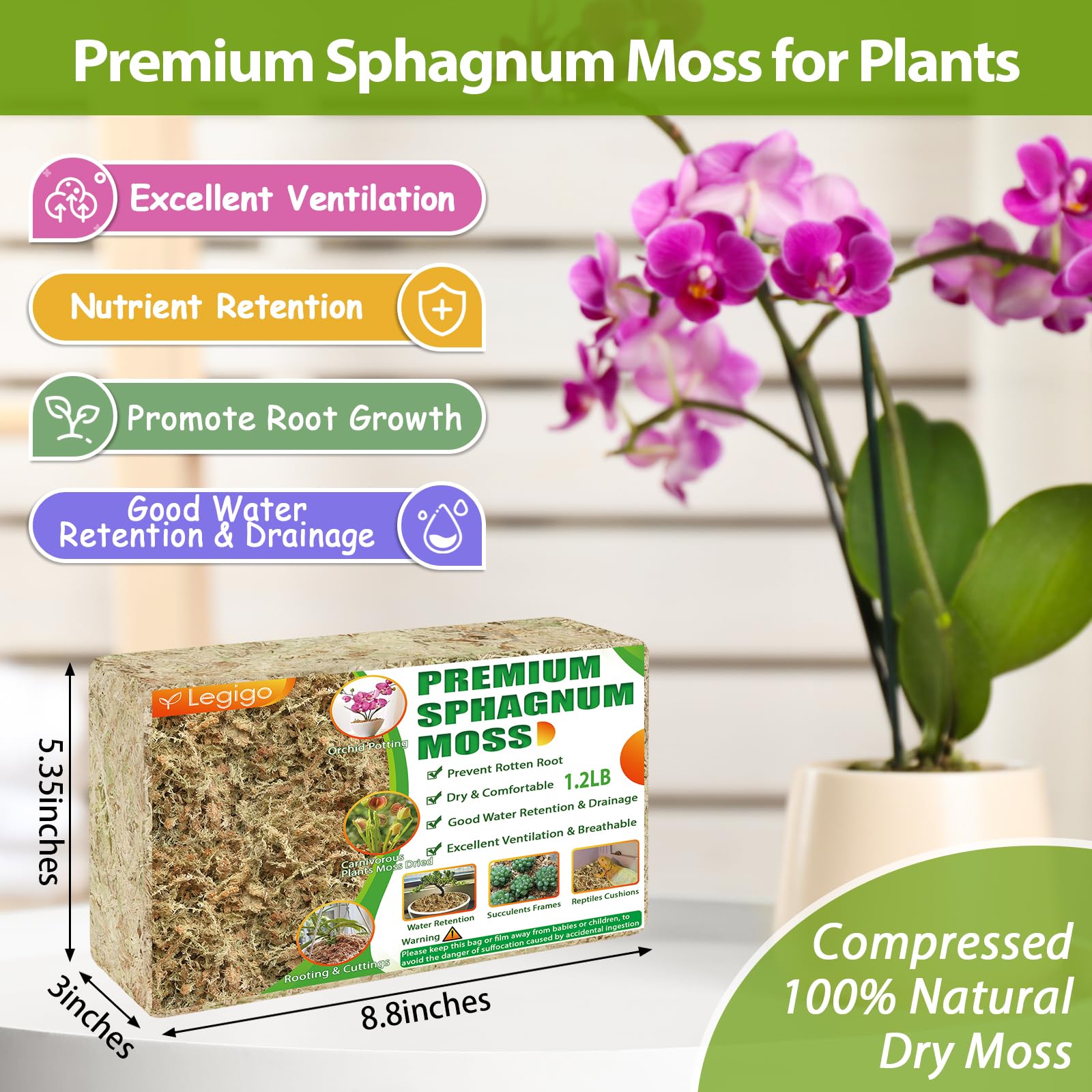 Legigo premium dry moss natural texture supports aeration and root health