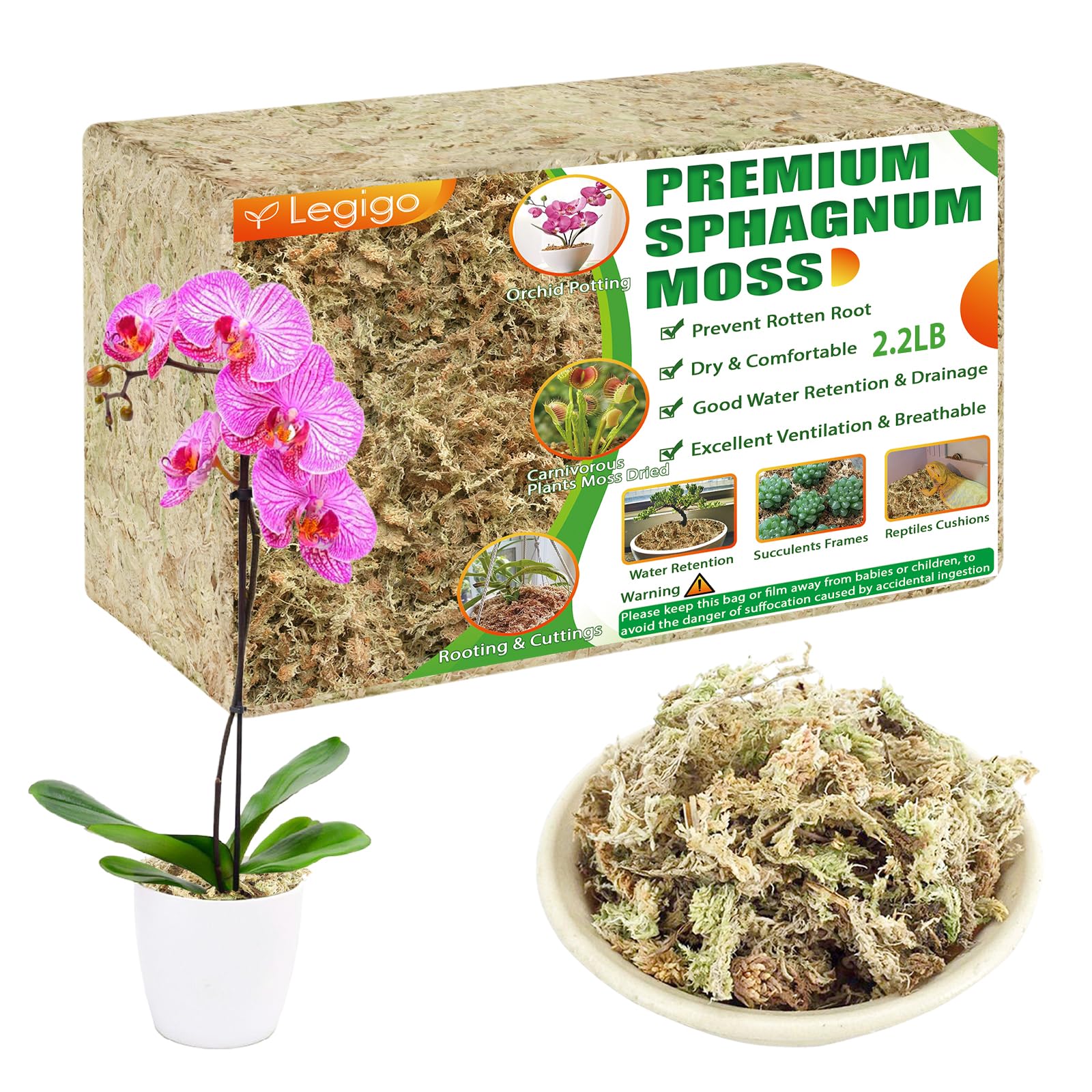 Legigo premium sphagnum moss packaging close-up highlighting easy storage.