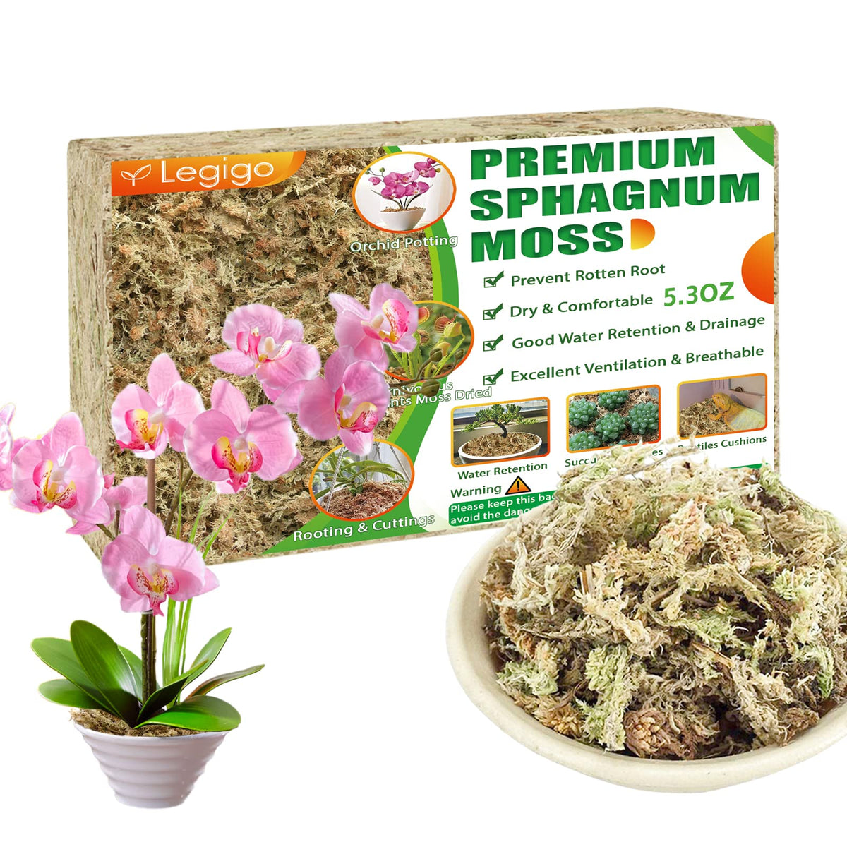 Legigo premium sphagnum moss 6qt bag packaging helps keep substrate ready for use.