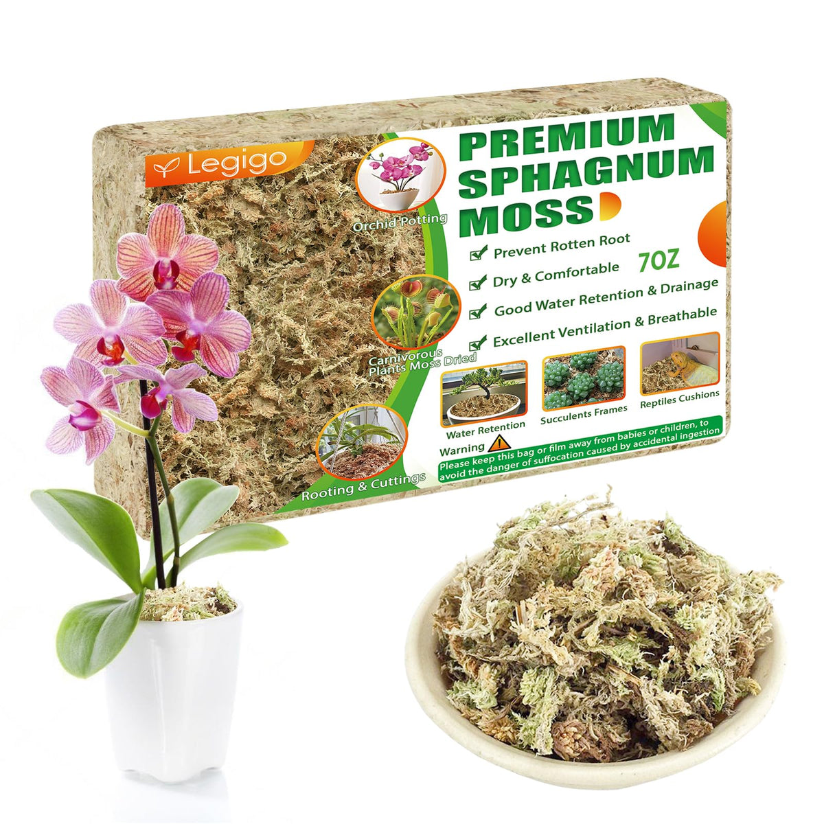 Legigo premium sphagnum moss 8qt bag – dry moss ready to hydrate for potting moisture retention.