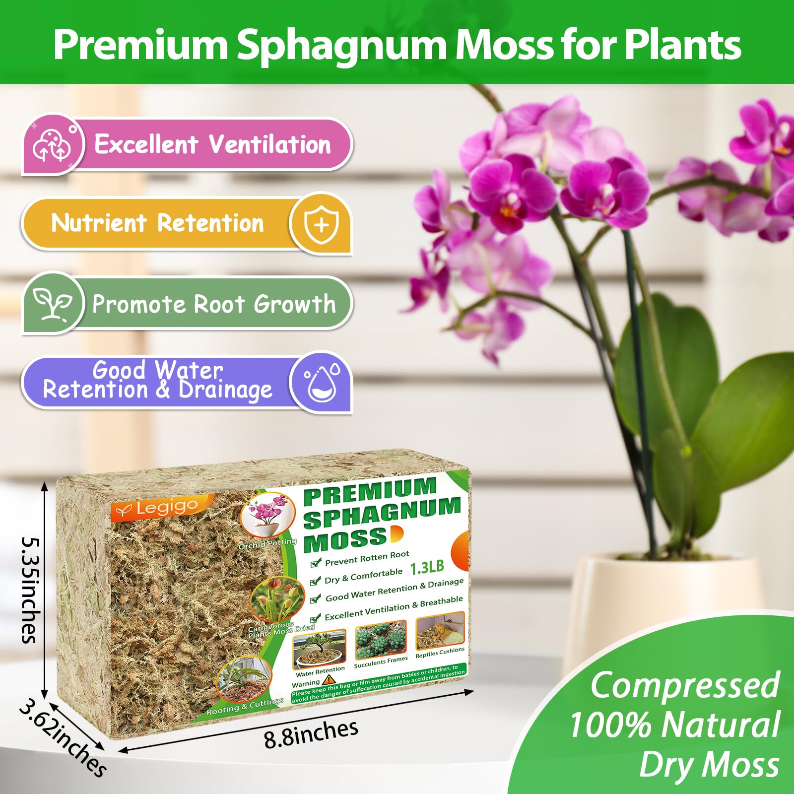 Legigo premium sphagnum moss for orchid use supports moisture and root health.