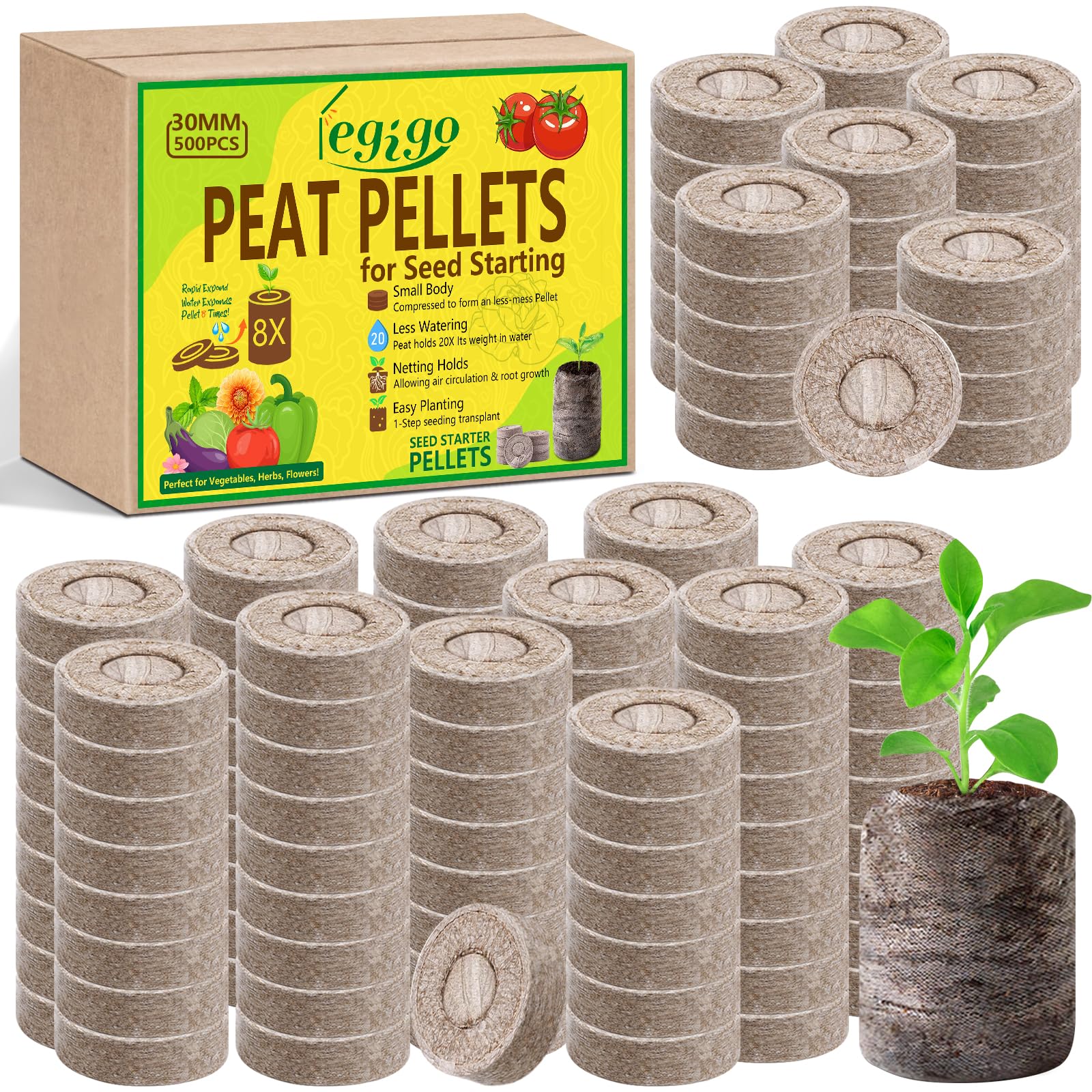 Legigo seed starter peat pellets in a 500-pack ready to hydrate and germinate.