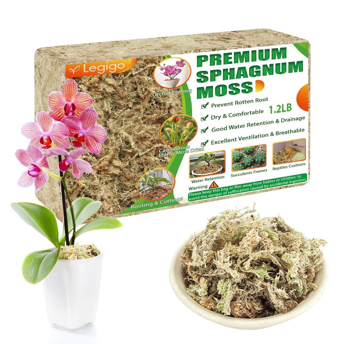 Legigo sphagnum moss 20qt package showing natural moisture retention for thriving plants