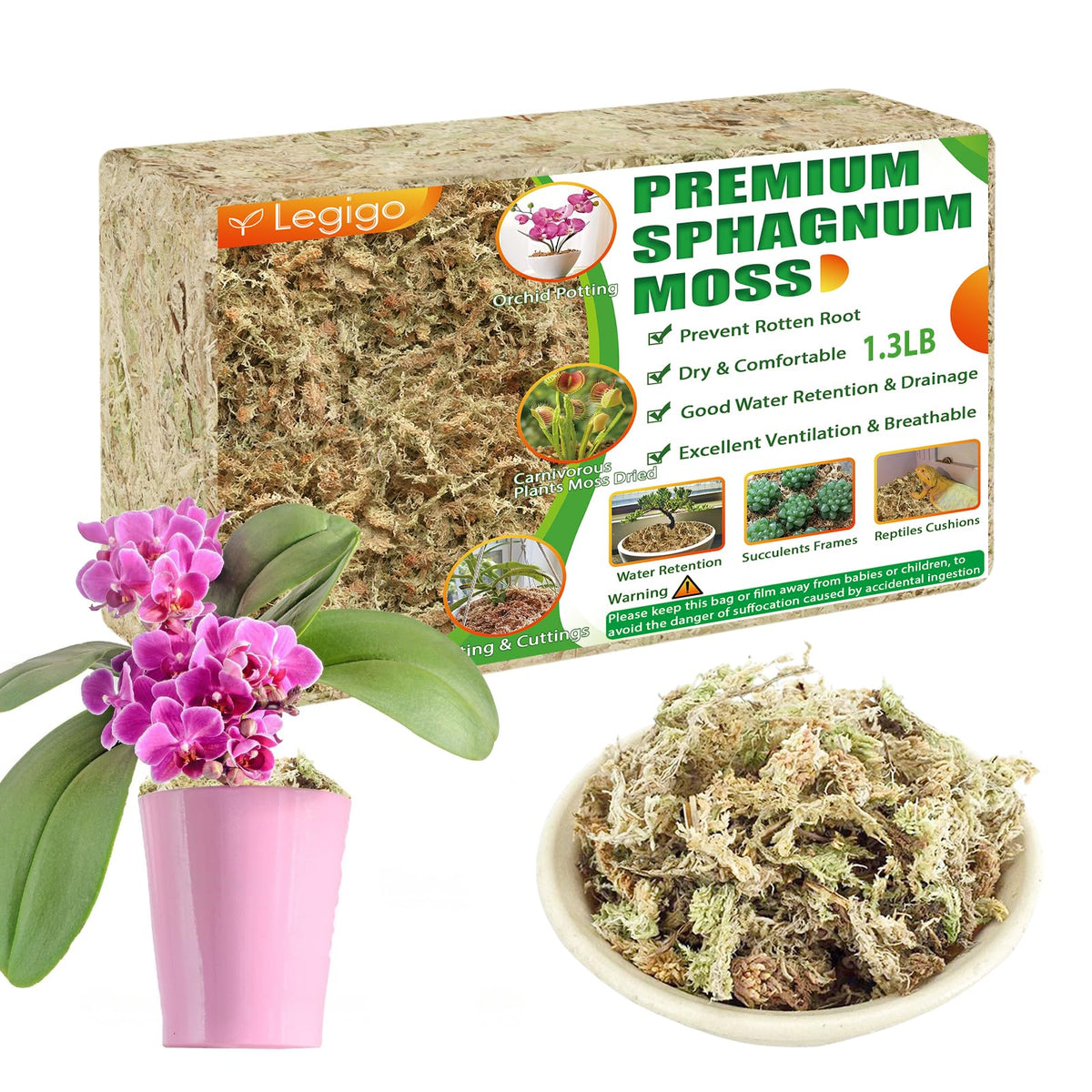 Legigo sphagnum moss 25qt pack, ready for potting applications.