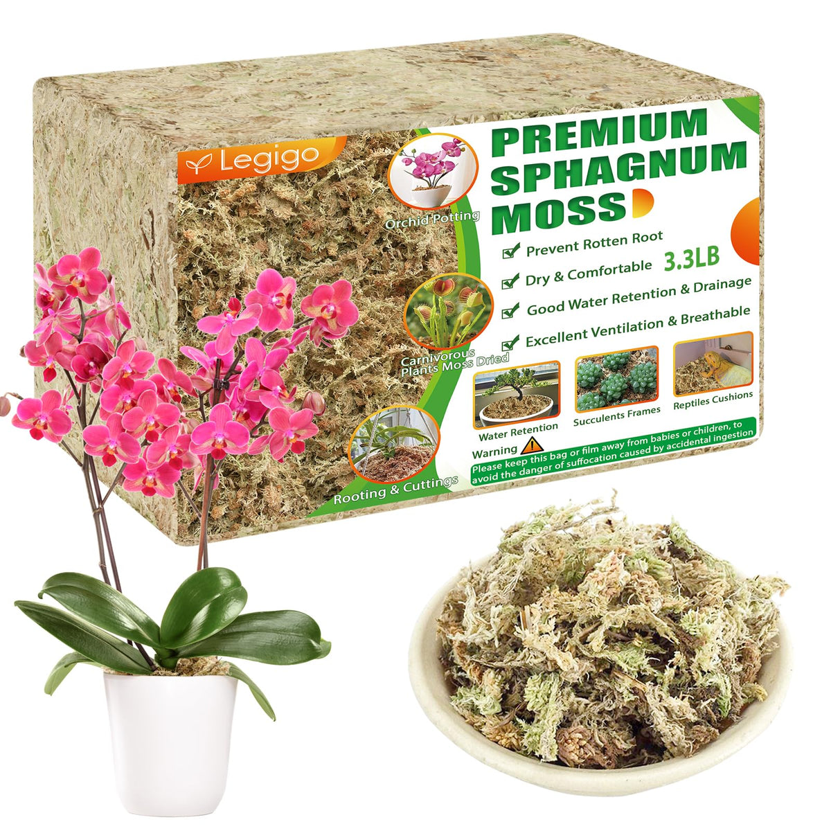 Legigo 60qt sphagnum moss pack showing natural, fluffy texture for moisture retention