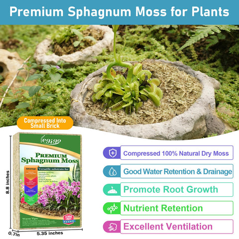 Legigo sphagnum moss hydration expands in water to boost potting performance.