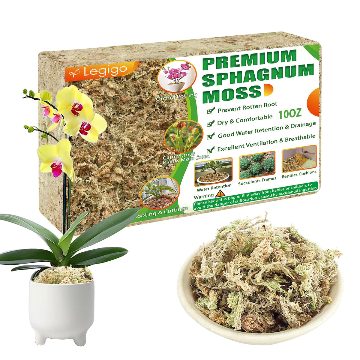 Legigo sphagnum moss in packaging showing natural long-fiber texture for moisture retention.