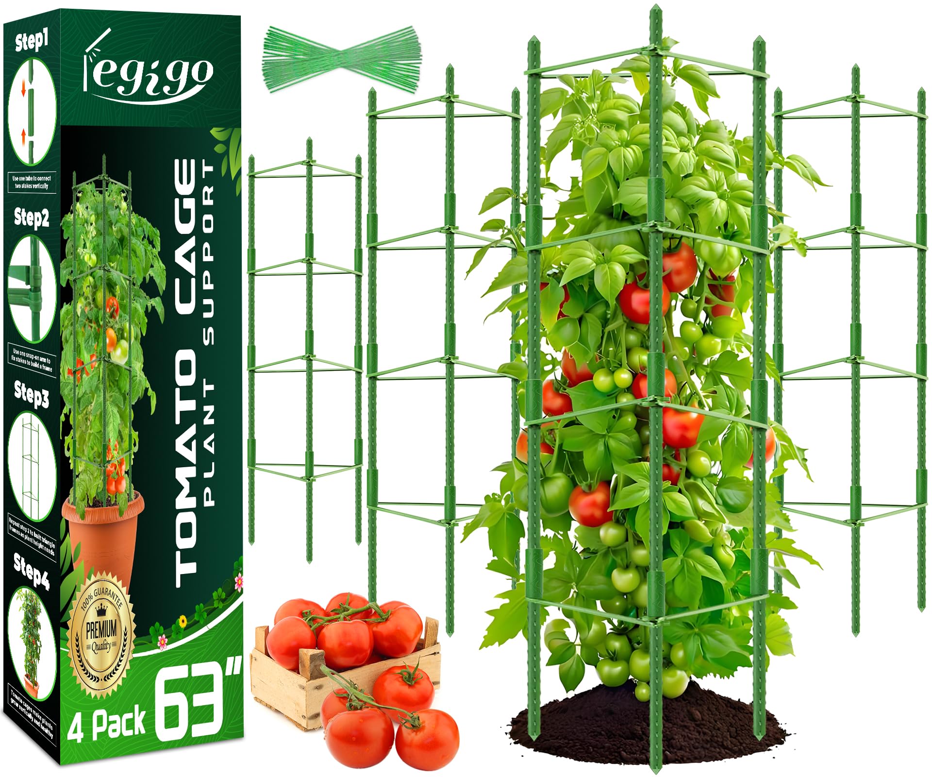 Legigo tomato cage package includes stakes, arms, and tubes for stable plant support.