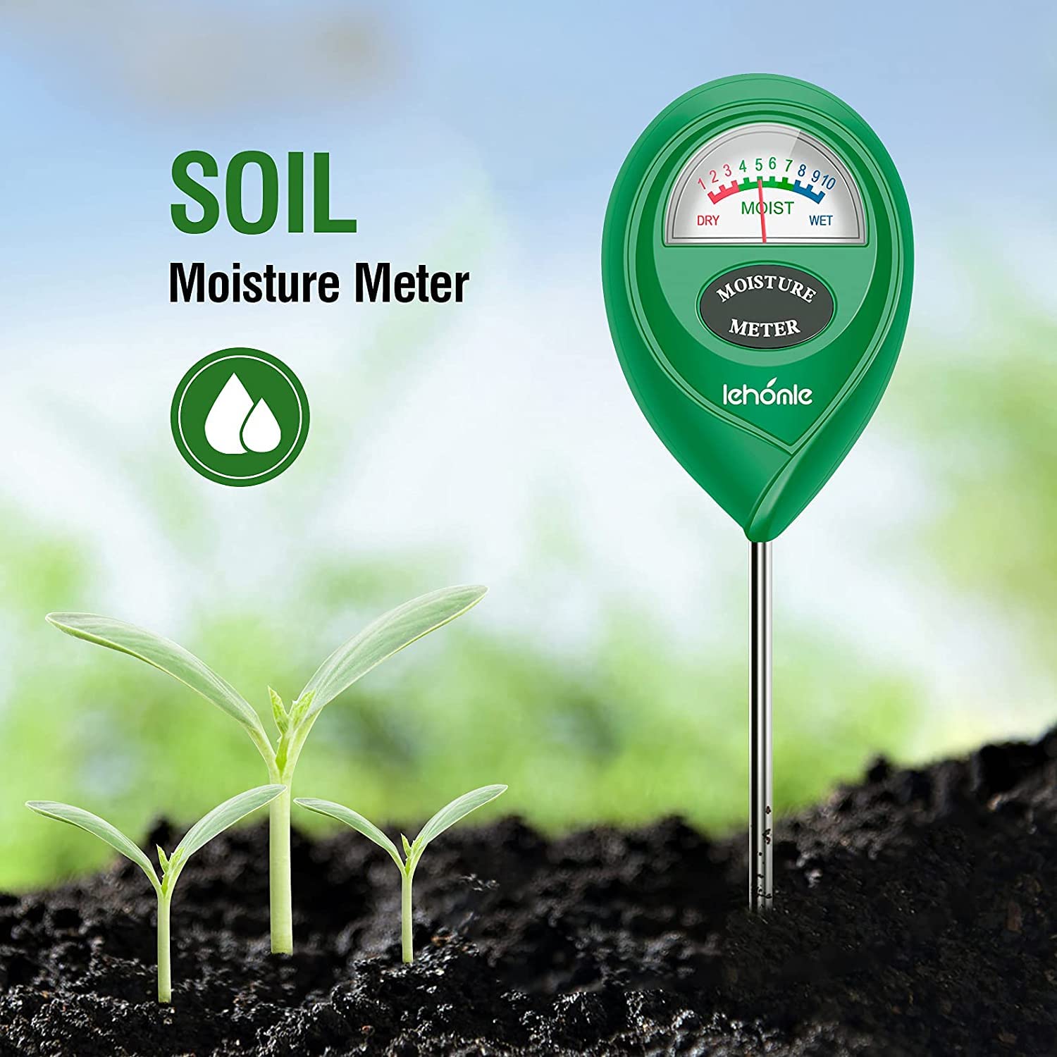 Lehomle plant water meter probe in pot enables quick moisture checks.