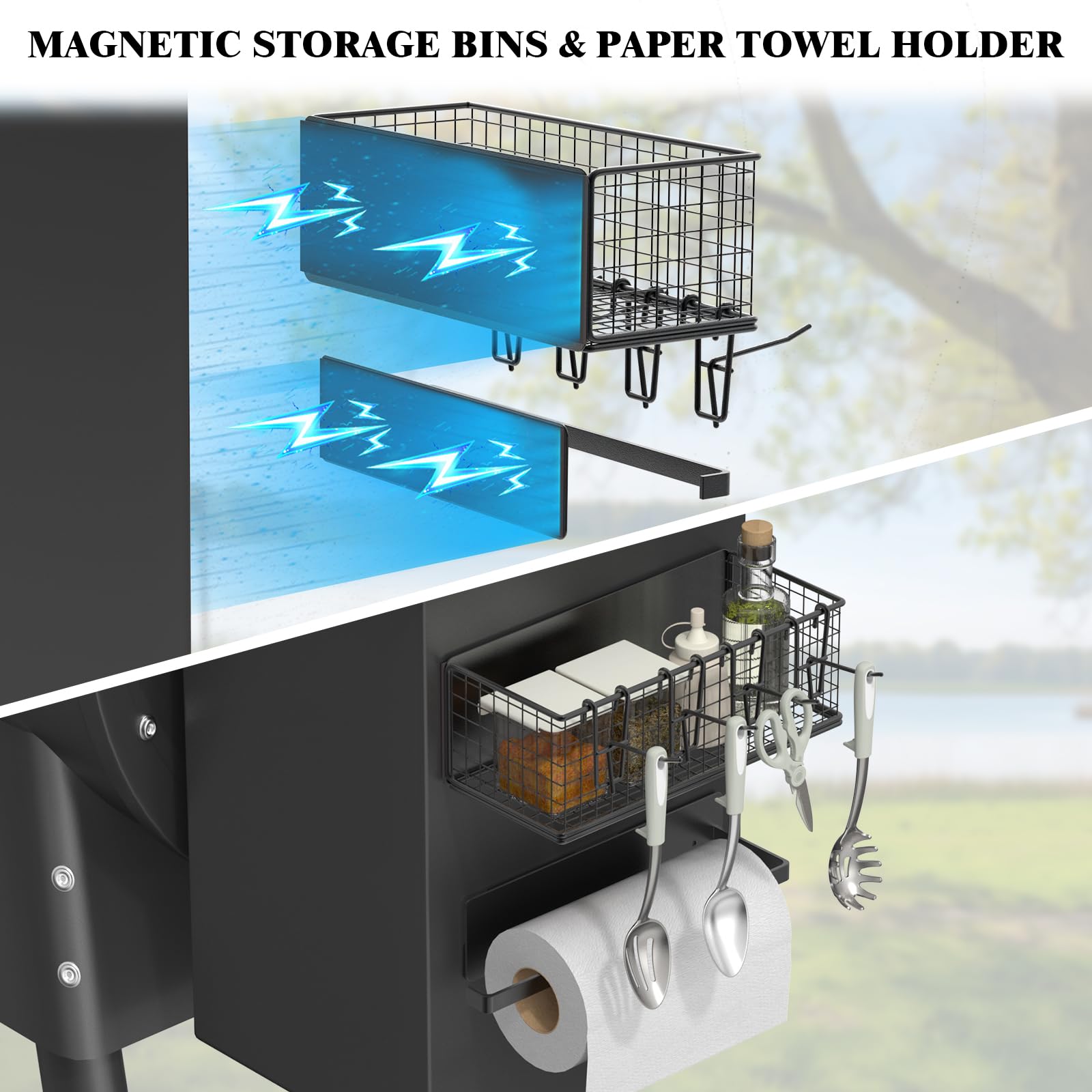 Lehorra magnetic trays boost work area beside hopper during grilling