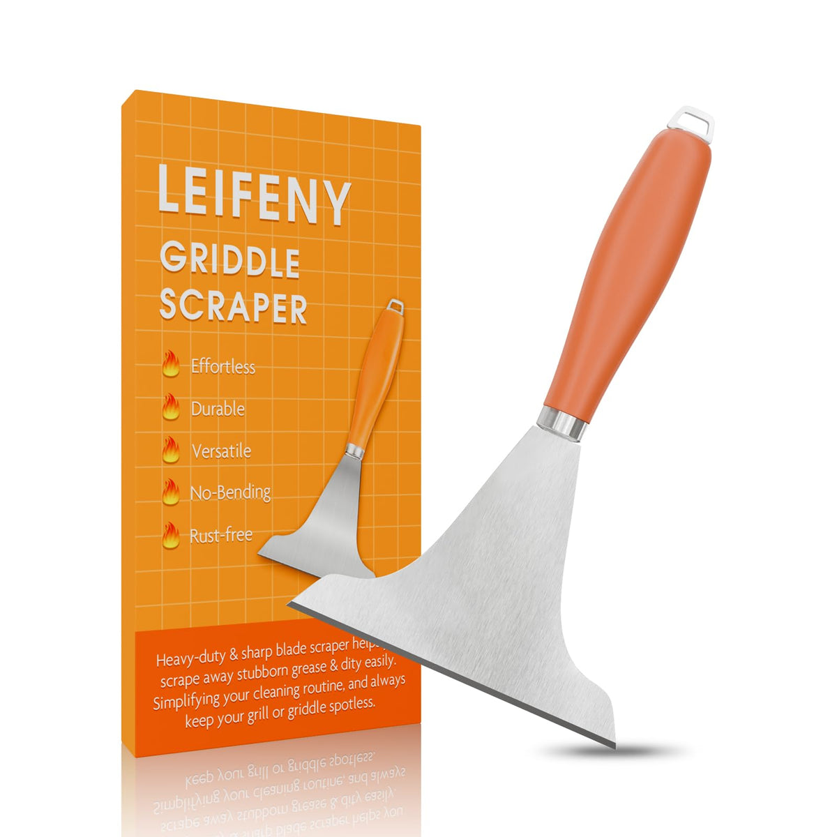LEIFENY griddle scraper blade close-up for residue removal.