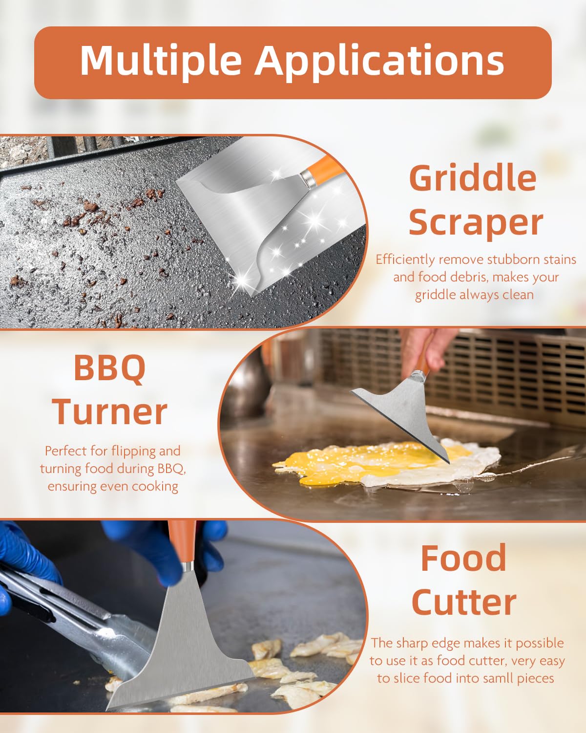 LEIFENY griddle scraper ergonomic handle for comfortable grip.