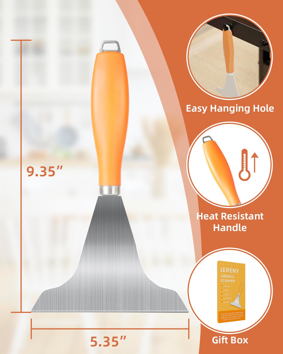 LEIFENY griddle scraper multi-use tool for cleaning and cooking.