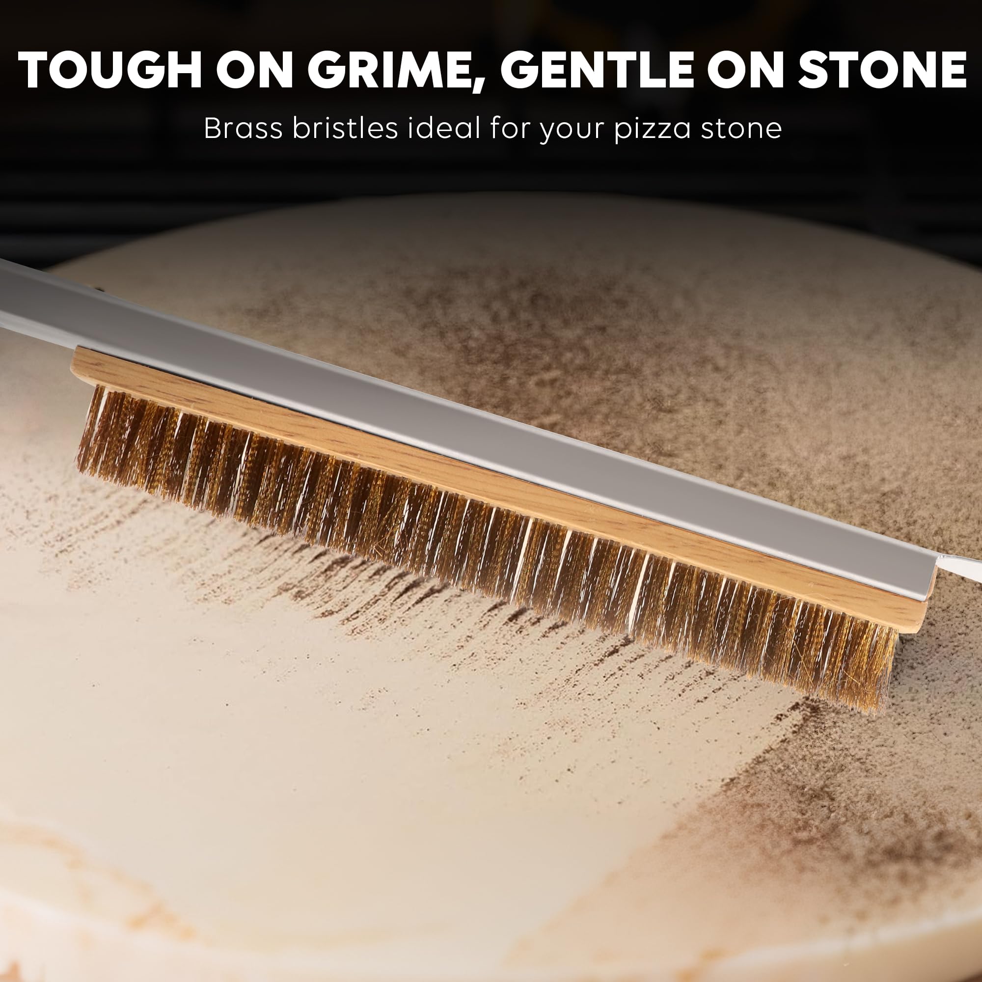 Closeup of Leightszen brass bristles showing moderate hardness for stone-safe cleaning.