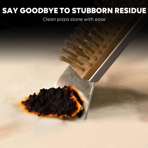 Stainless steel scraper removes baked-on residue from a hot pizza stone.